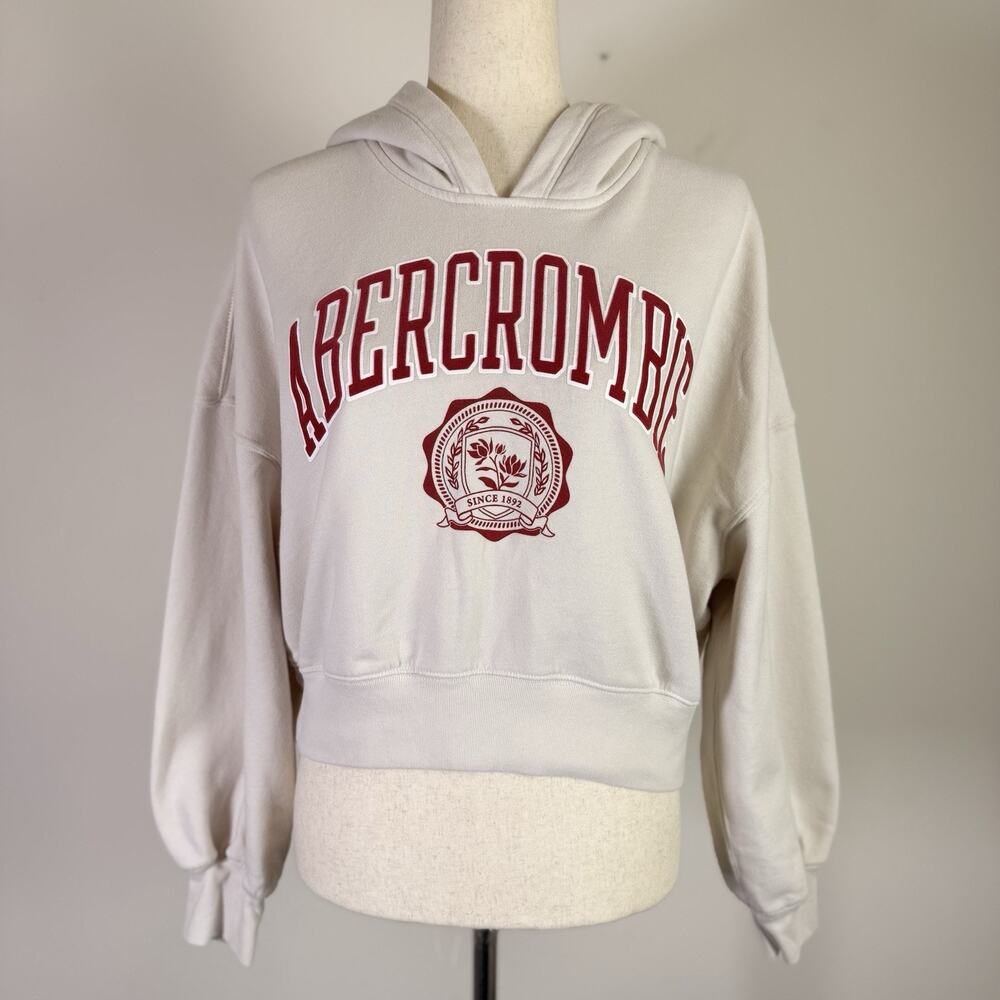 Abercrombie & Fitch Hoodie Women's Medium Cropped Cream/Red Velvet Print Lounge